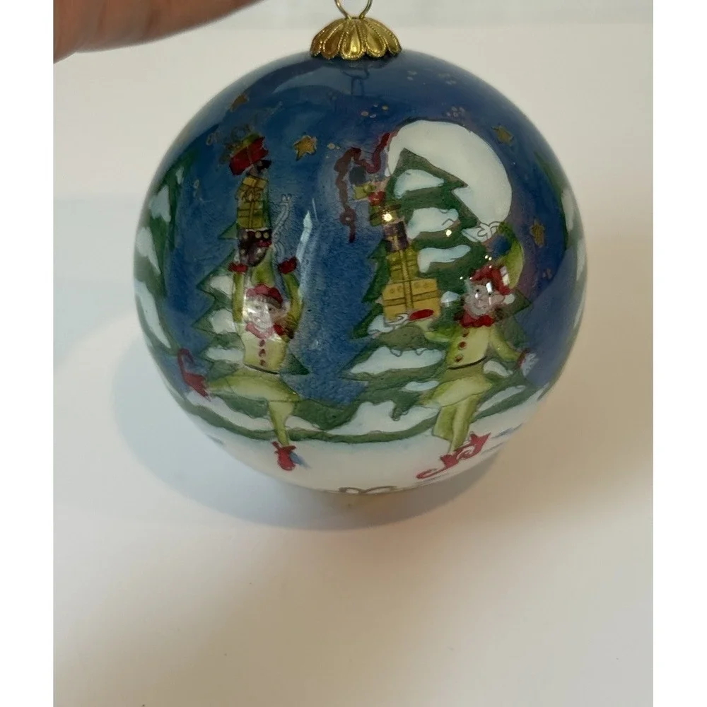 2005 Pier 1 Li Bien Hand Painted Glass Christmas Ornament Elves Sleigh